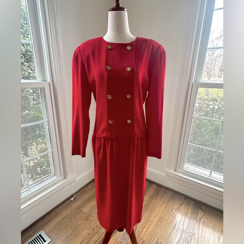 VNTG LIZ CLAIBORNE 80s Red Power Suit Dress w Gold Detail Buttons FLAWED